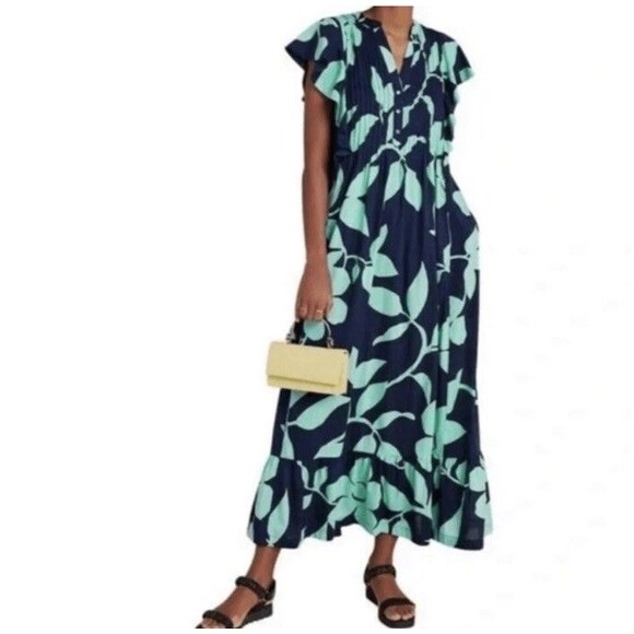 Anthropologie Maeve Cassandra Maxi Dress Large Navy Green Floral Classic Boho - Picture 1 of 15